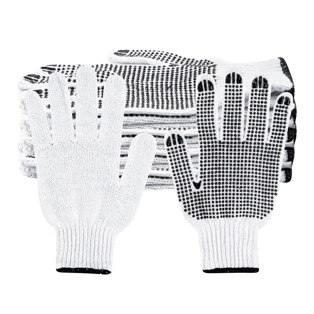 RW Base White Poly-Cotton Large Work Glove - with Black PVC Dots - 10" x 6" - 6 count box