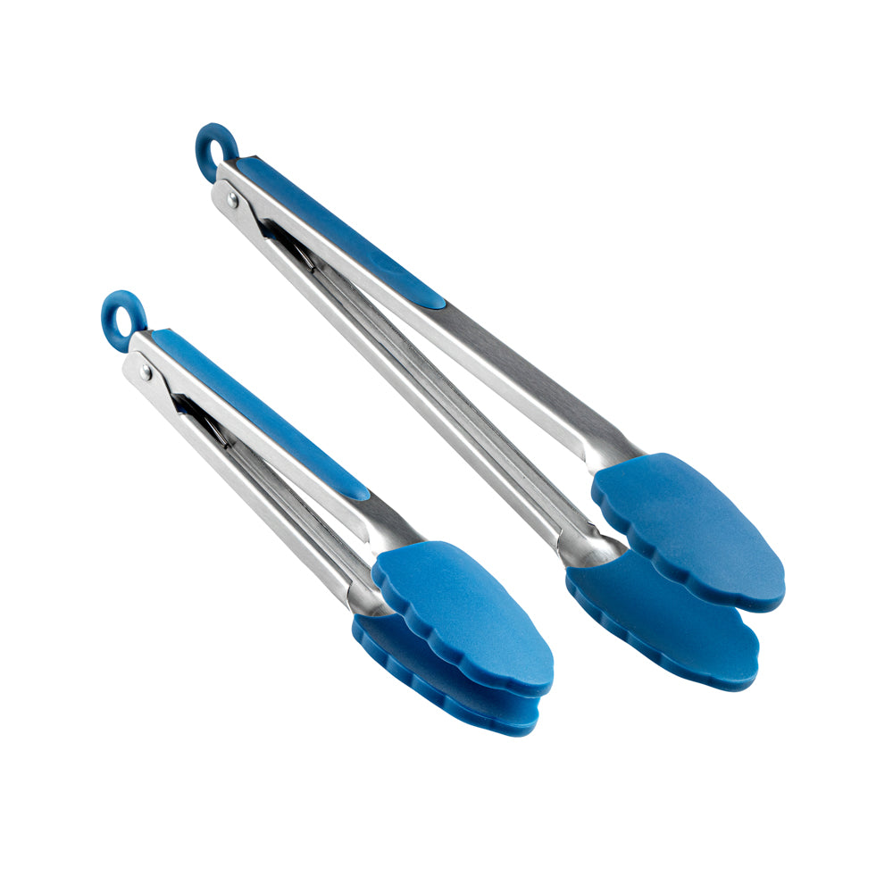 Met Lux Blue Stainless Steel 2-Piece Kitchen Tong Set - Scalloped - 12" x 1 3/4" x 2" - 1 count box