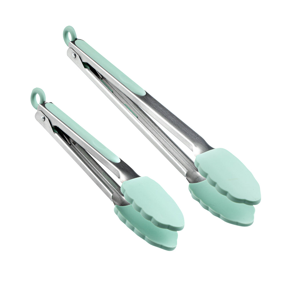 Met Lux Teal Stainless Steel 2-Piece Kitchen Tong Set - Scalloped - 12" x 1 3/4" x 2" - 1 count box