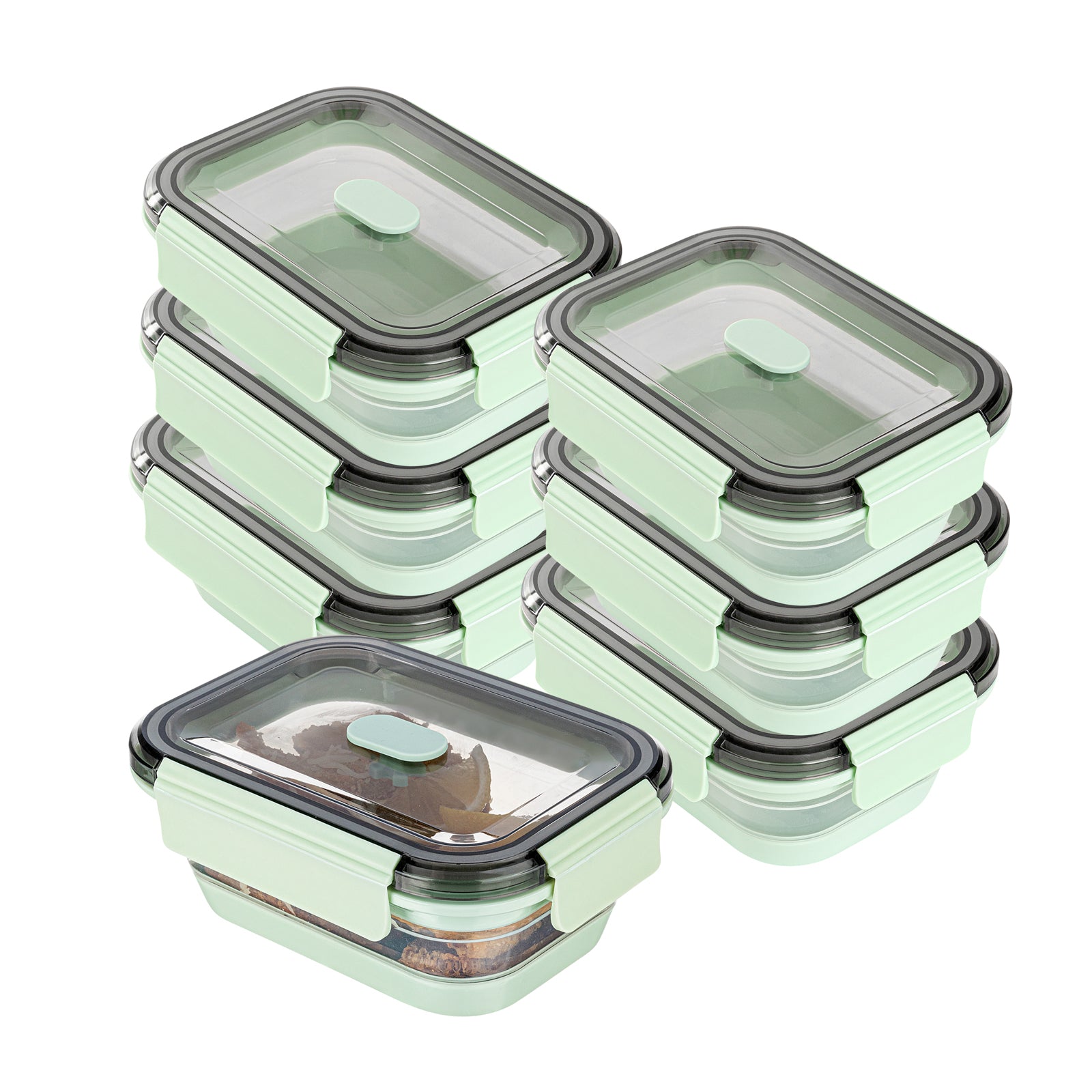 Fresh Hero 27 oz Green Plastic Airtight Food Storage Container - with Vented Lid, Collapsible - 7 1/4" x 5 1/2" x 2 3/4" - 20 count box