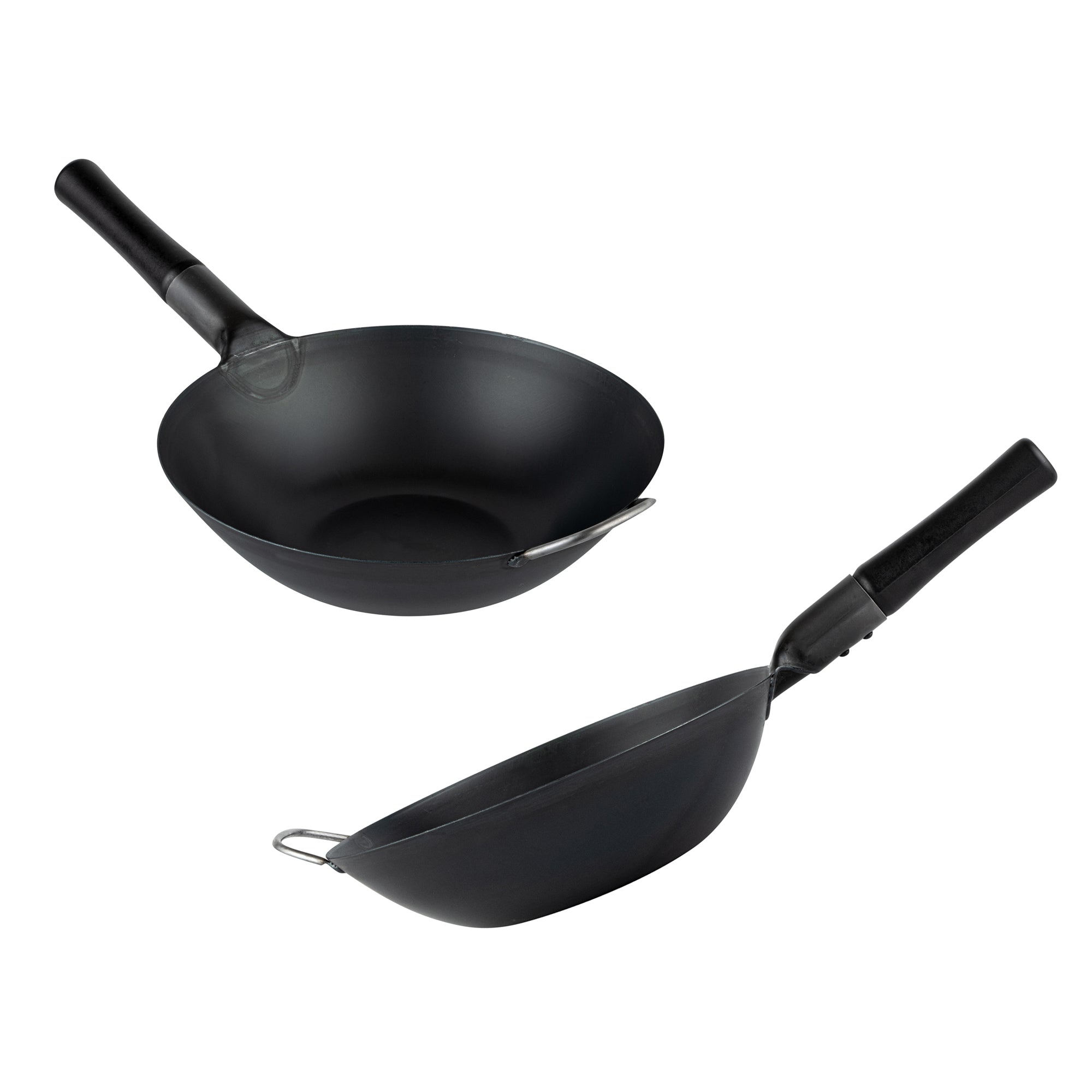 Motomori 12" Black Carbon Steel Flat Bottom Wok / Stir Fry Pan - Pre-seasoned, with Wooden Handle - 10 count box