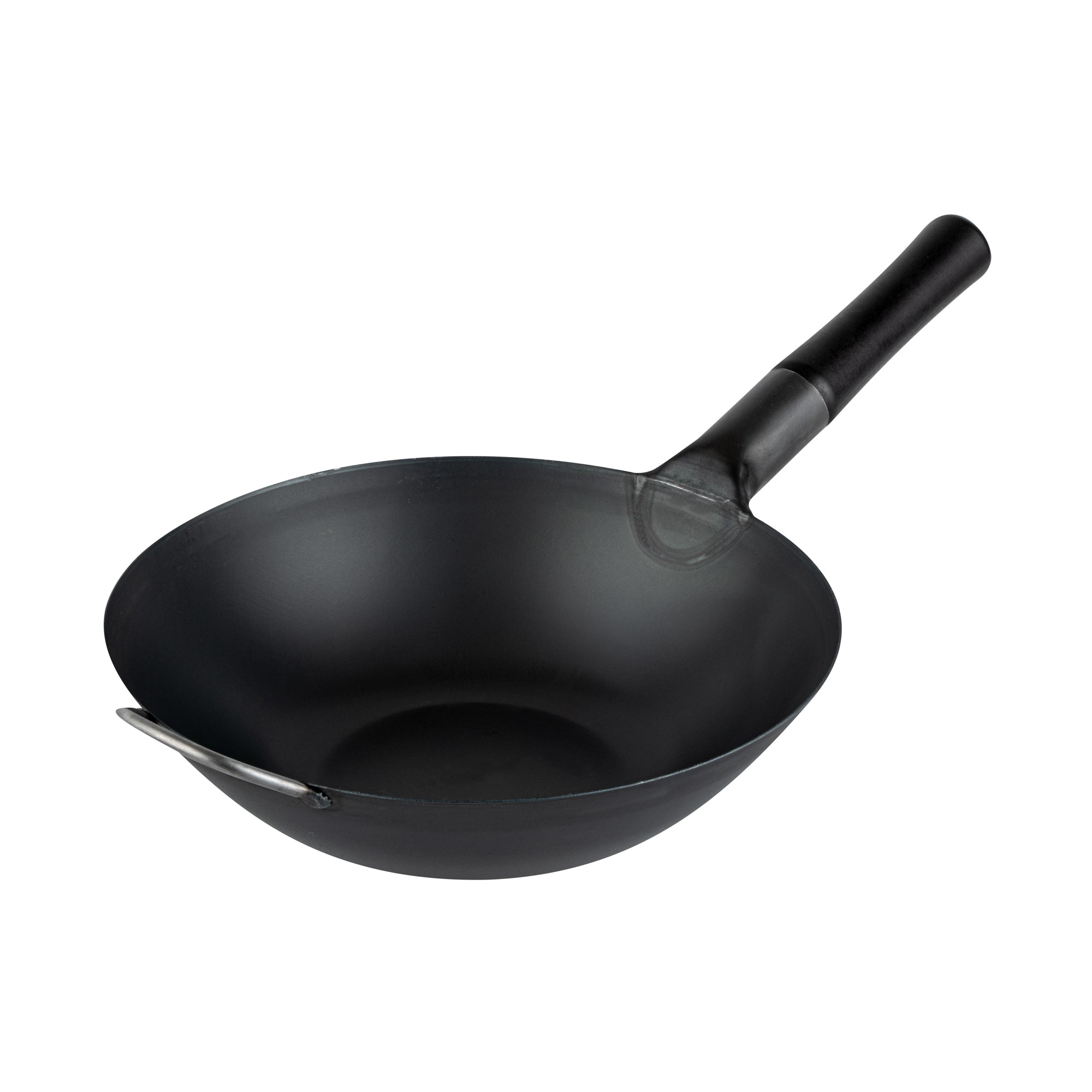 Motomori 12" Black Carbon Steel Flat Bottom Wok / Stir Fry Pan - Pre-seasoned, with Wooden Handle - 10 count box