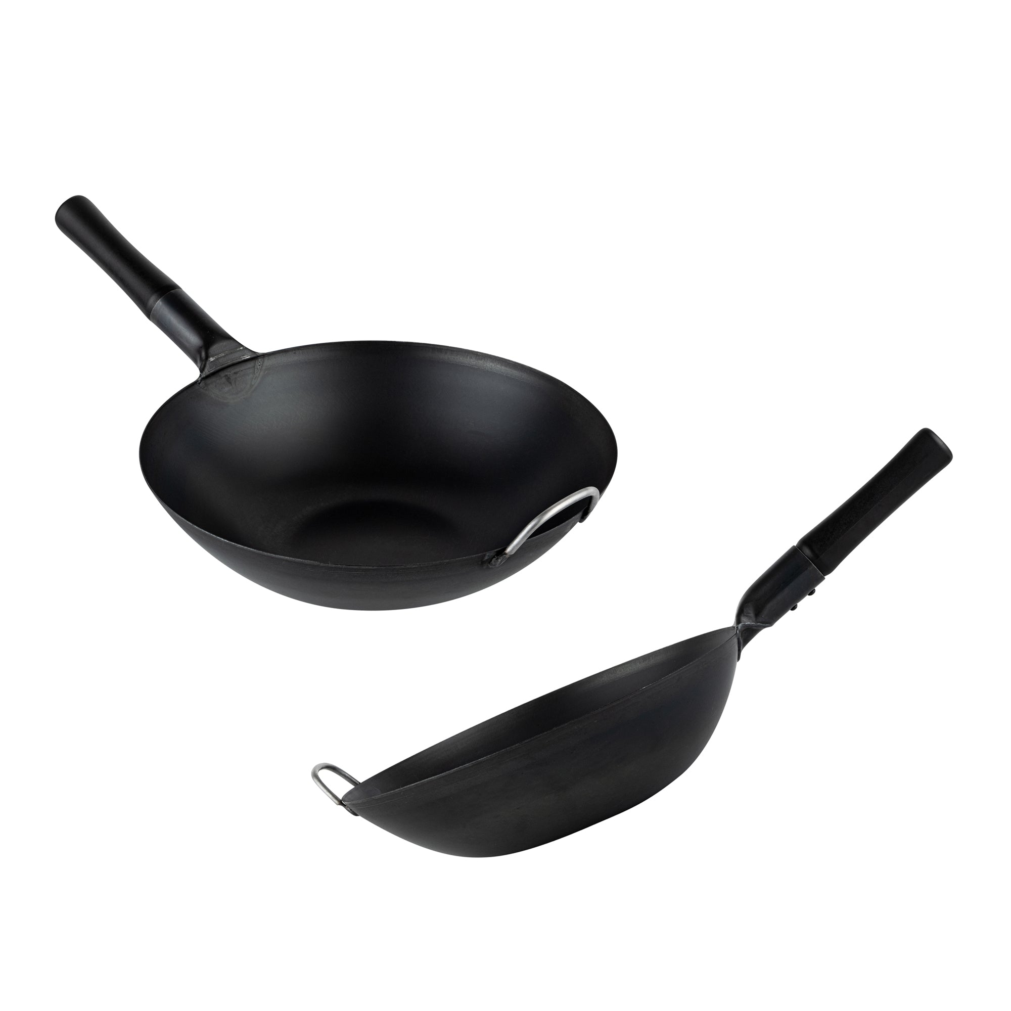 Motomori 14" Black Carbon Steel Flat Bottom Wok / Stir Fry Pan - Pre-seasoned, with Wooden Handle - 10 count box