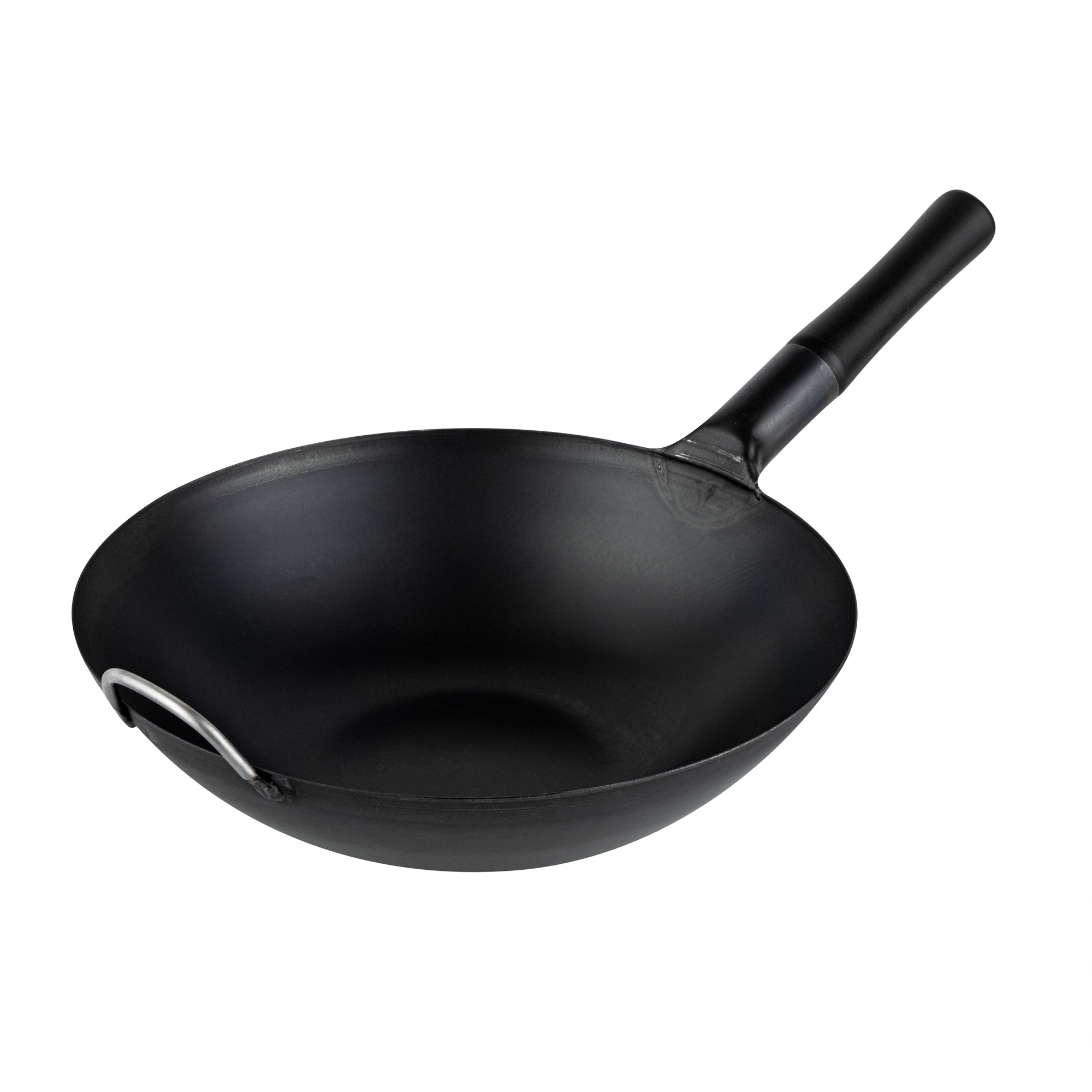 Motomori 14" Black Carbon Steel Flat Bottom Wok / Stir Fry Pan - Pre-seasoned, with Wooden Handle - 10 count box