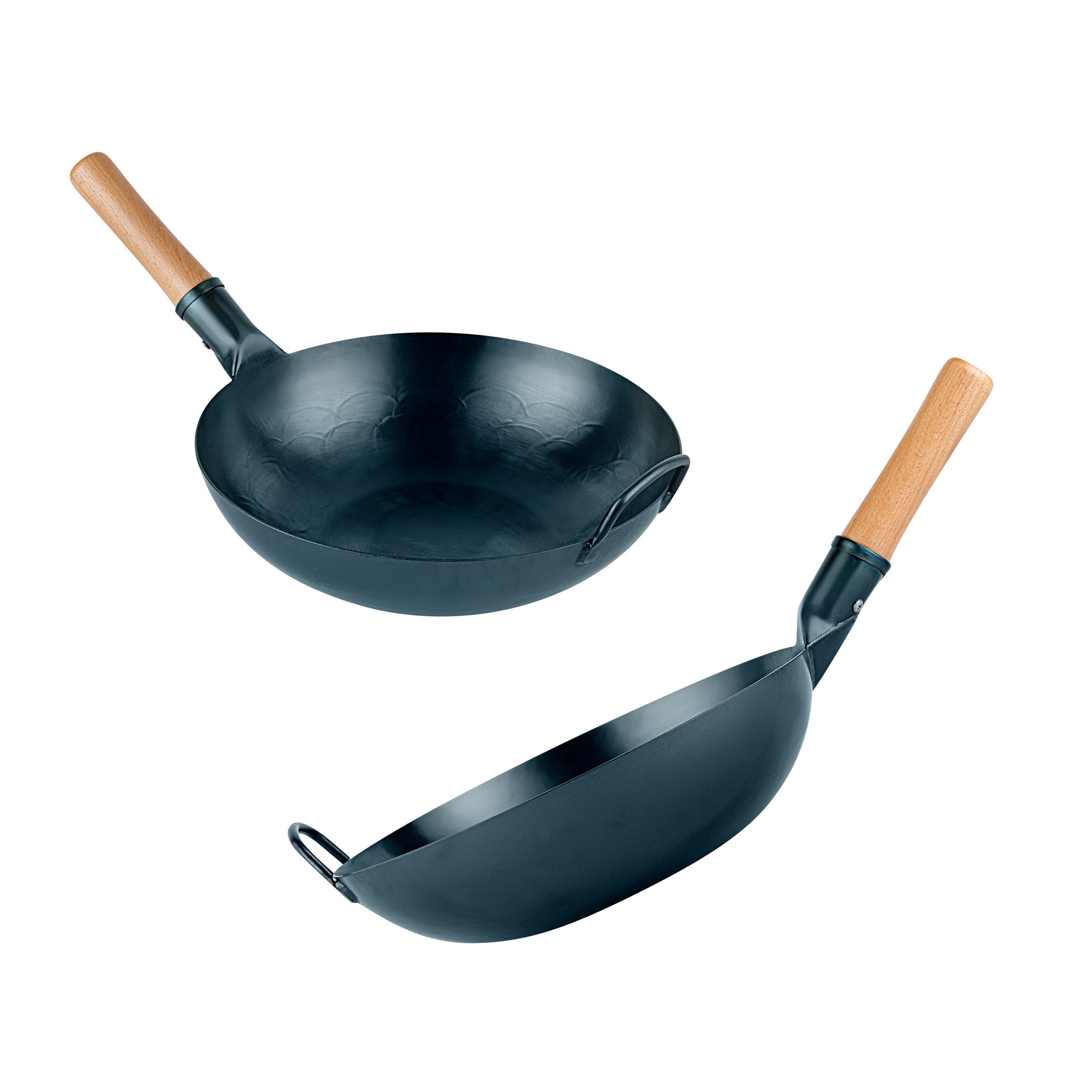 Motomori 12" Blue Carbon Steel Flat Bottom Wok / Stir Fry Pan - Hand Hammered, Pre-seasoned, with Wooden Handle - 10 count box