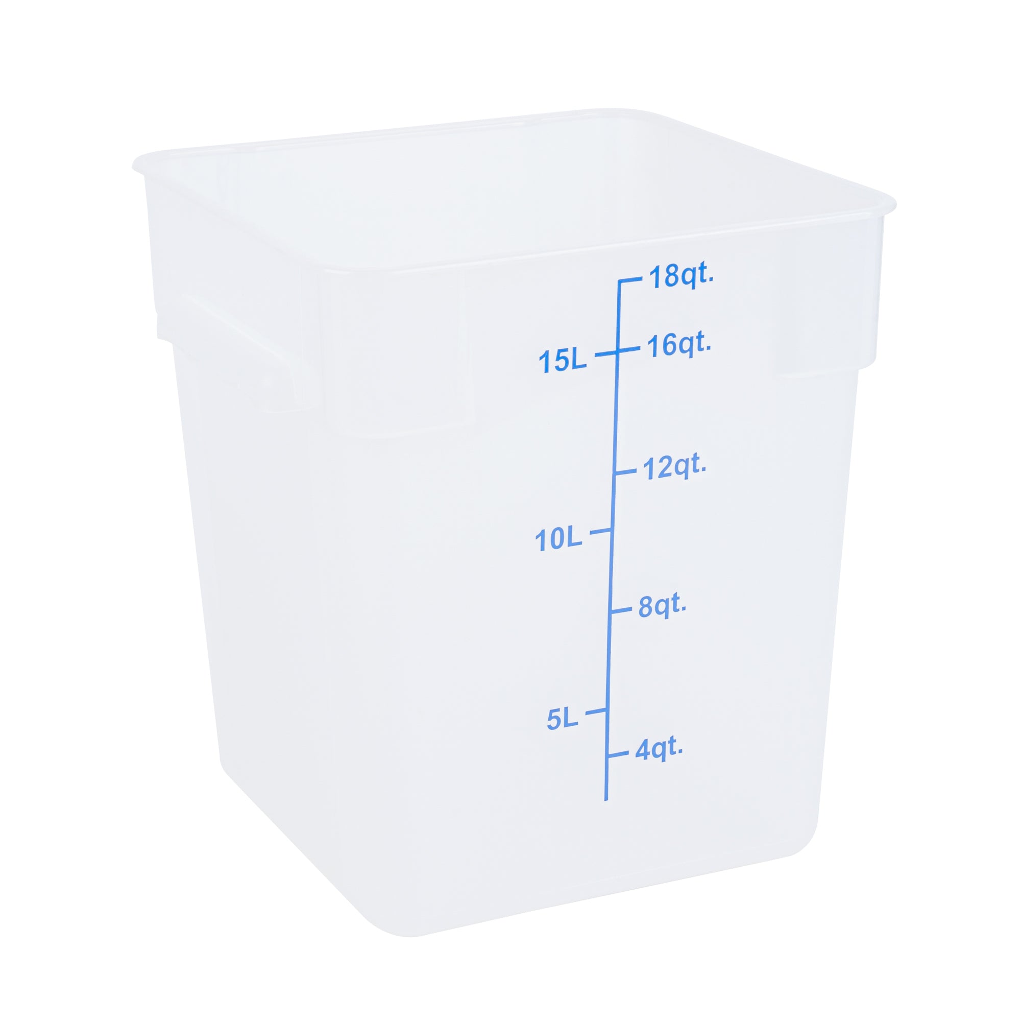 Met Lux 18 qt Square Translucent Plastic Food Storage Container - with Blue Volume Markers - 11" x 11" x 12 1/2" - 10 count box