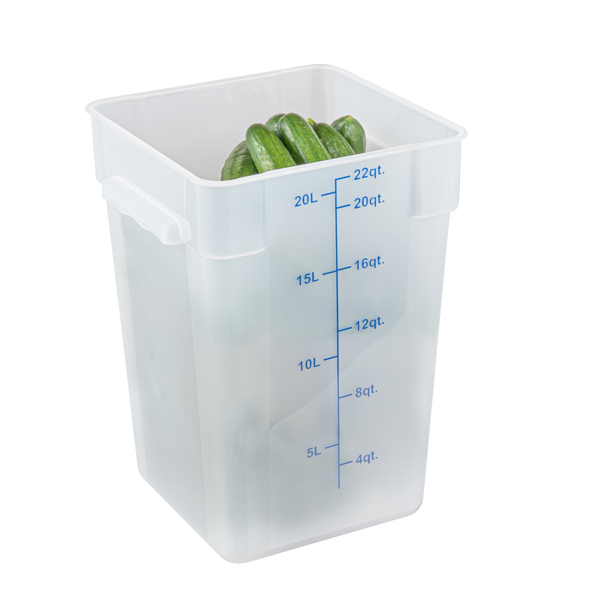 Met Lux 22 qt Square Translucent Plastic Food Storage Container - with Blue Volume Markers - 11" x 11" x 15 1/2" - 10 count box