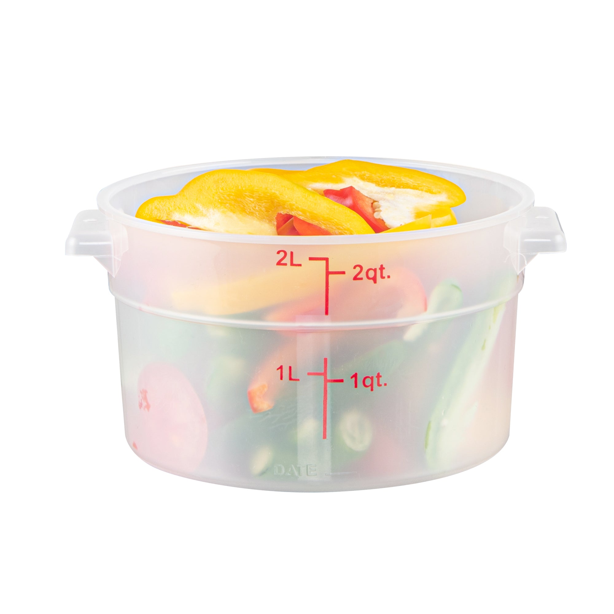 Met Lux 2 qt Round Translucent Plastic Food Storage Container - with Red Volume Markers - 7 1/4" x 7 1/4" x 4 1/4" - 10 count box