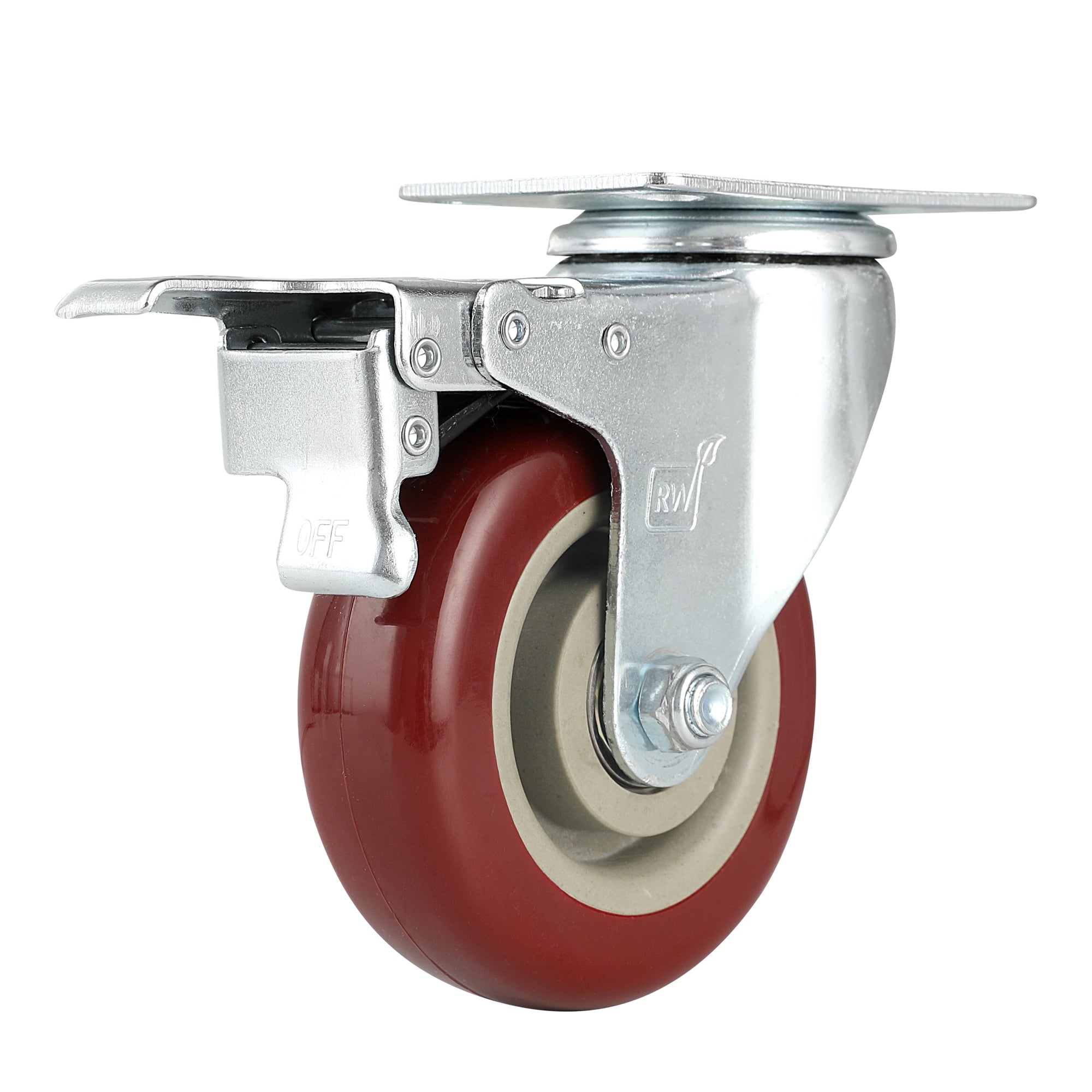 RW Hardware Red Swivel Plate Caster - with Brakes and Mounting Hardware - 4" - 4 count box