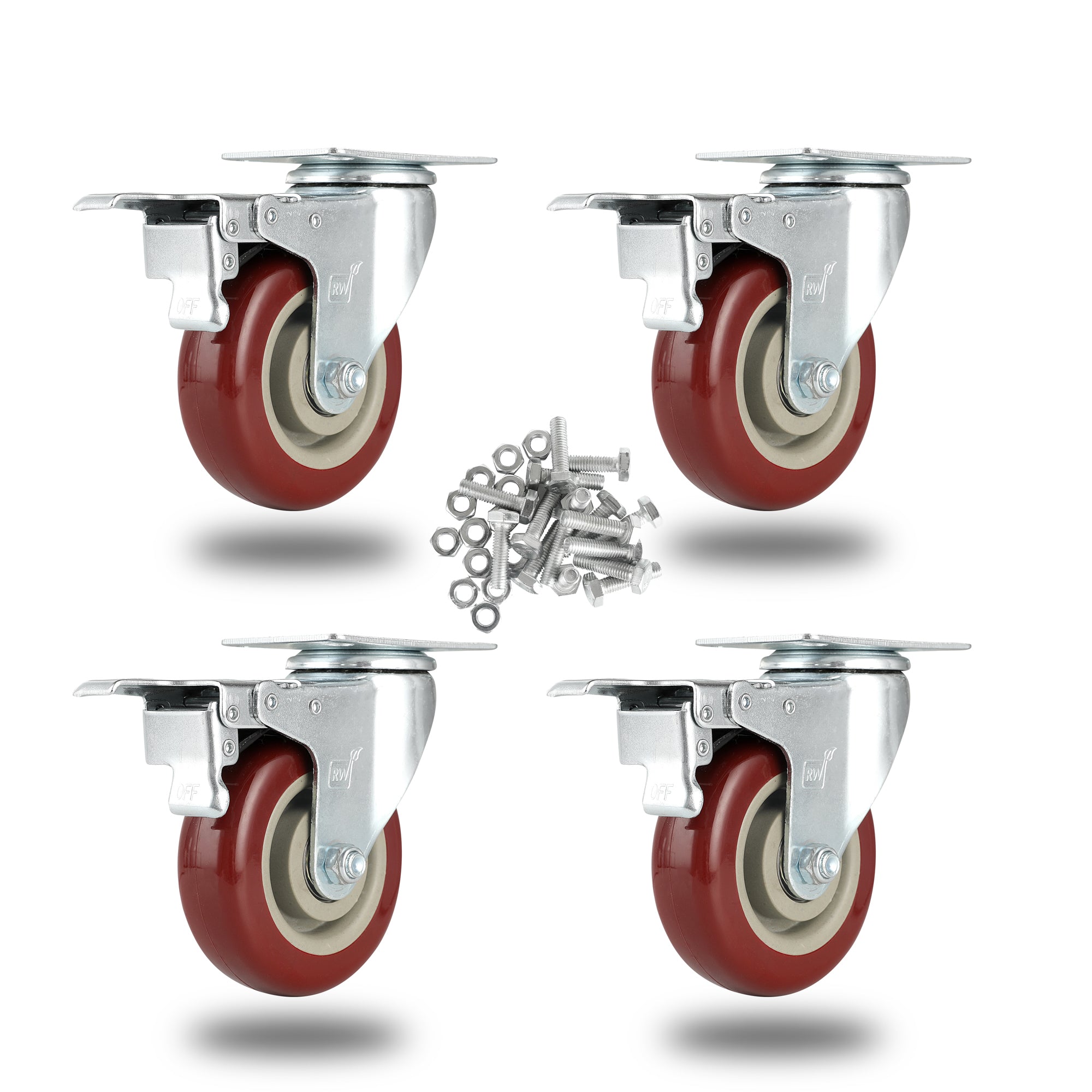 RW Hardware Red Swivel Plate Caster - with Brakes and Mounting Hardware - 4" - 4 count box