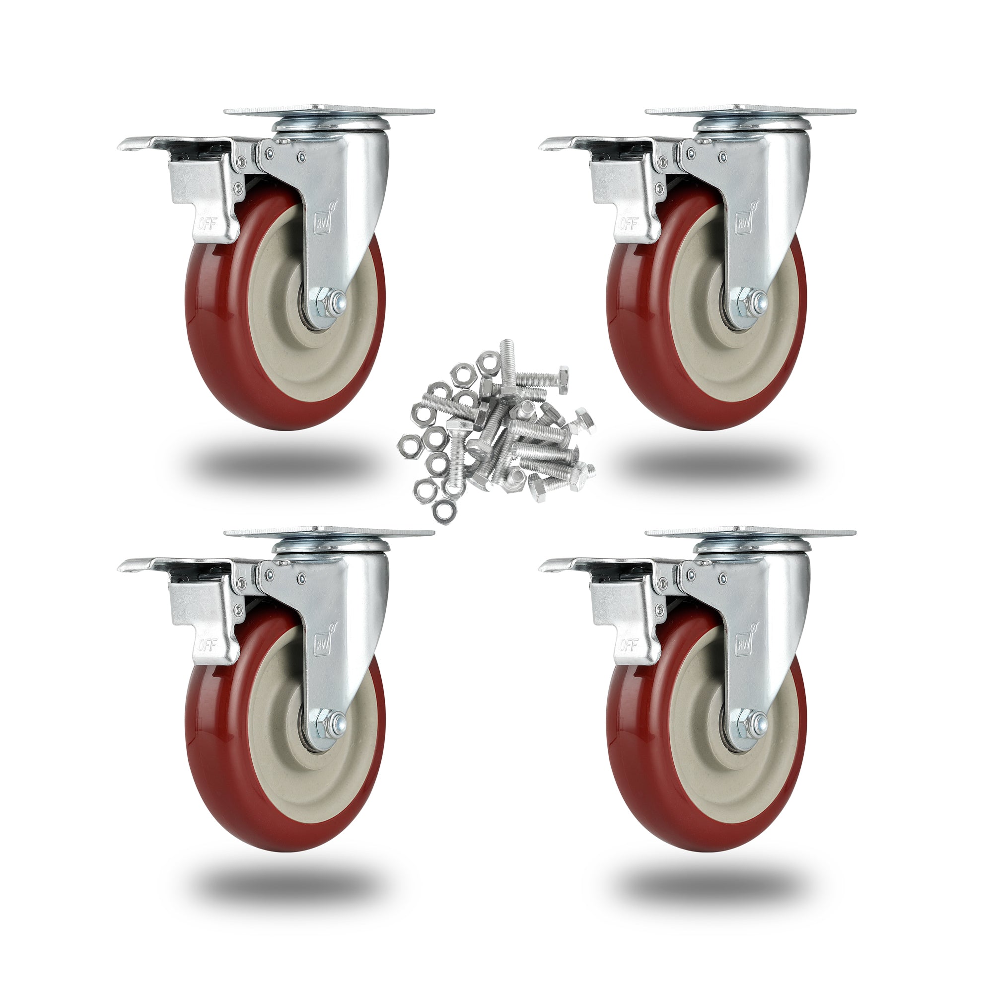 RW Hardware Red Swivel Plate Caster - with Brakes and Mounting Hardware - 5" - 4 count box