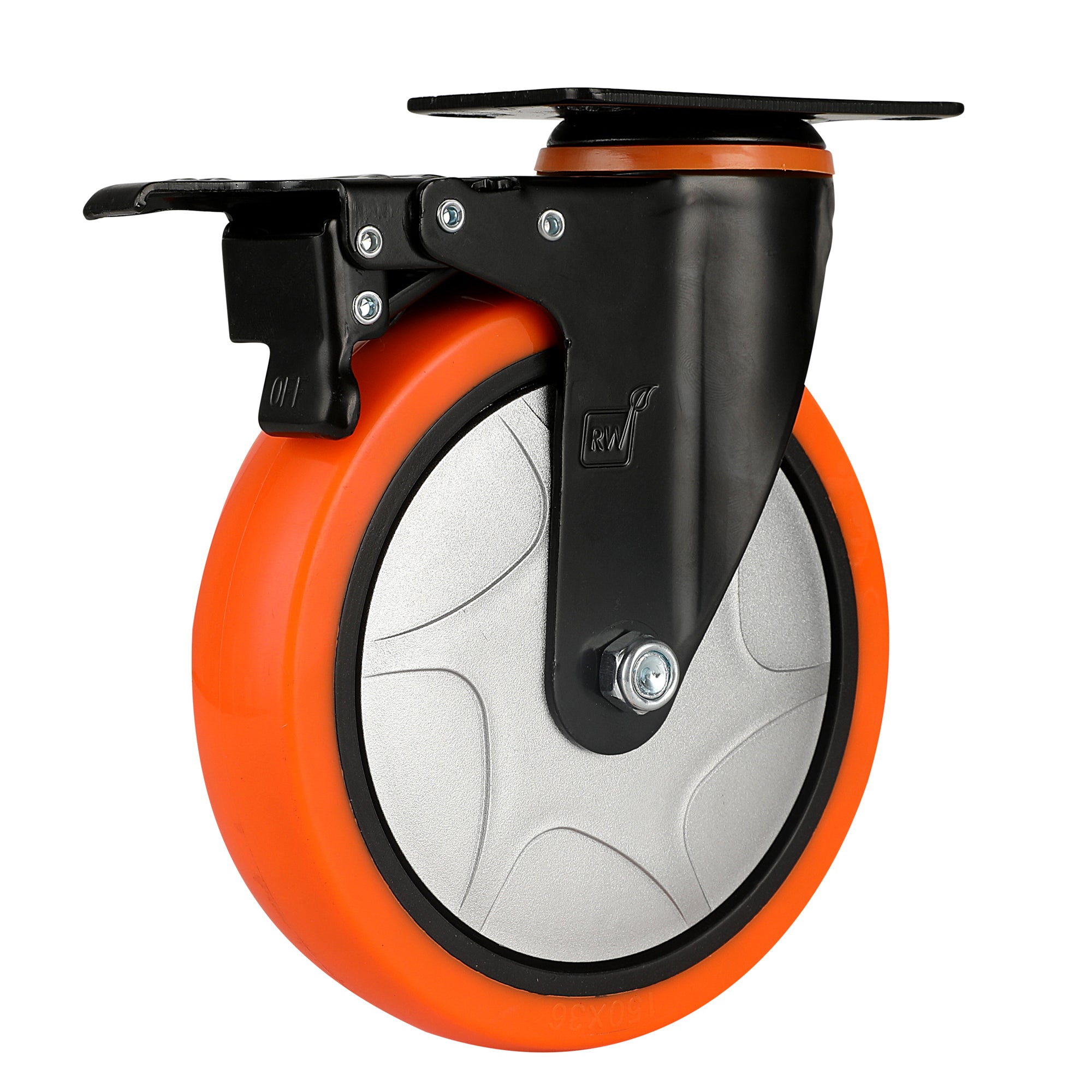 RW Hardware Orange Swivel Plate Caster - with Brakes and Mounting Hardware, Heavy Duty - 6" - 4 count box