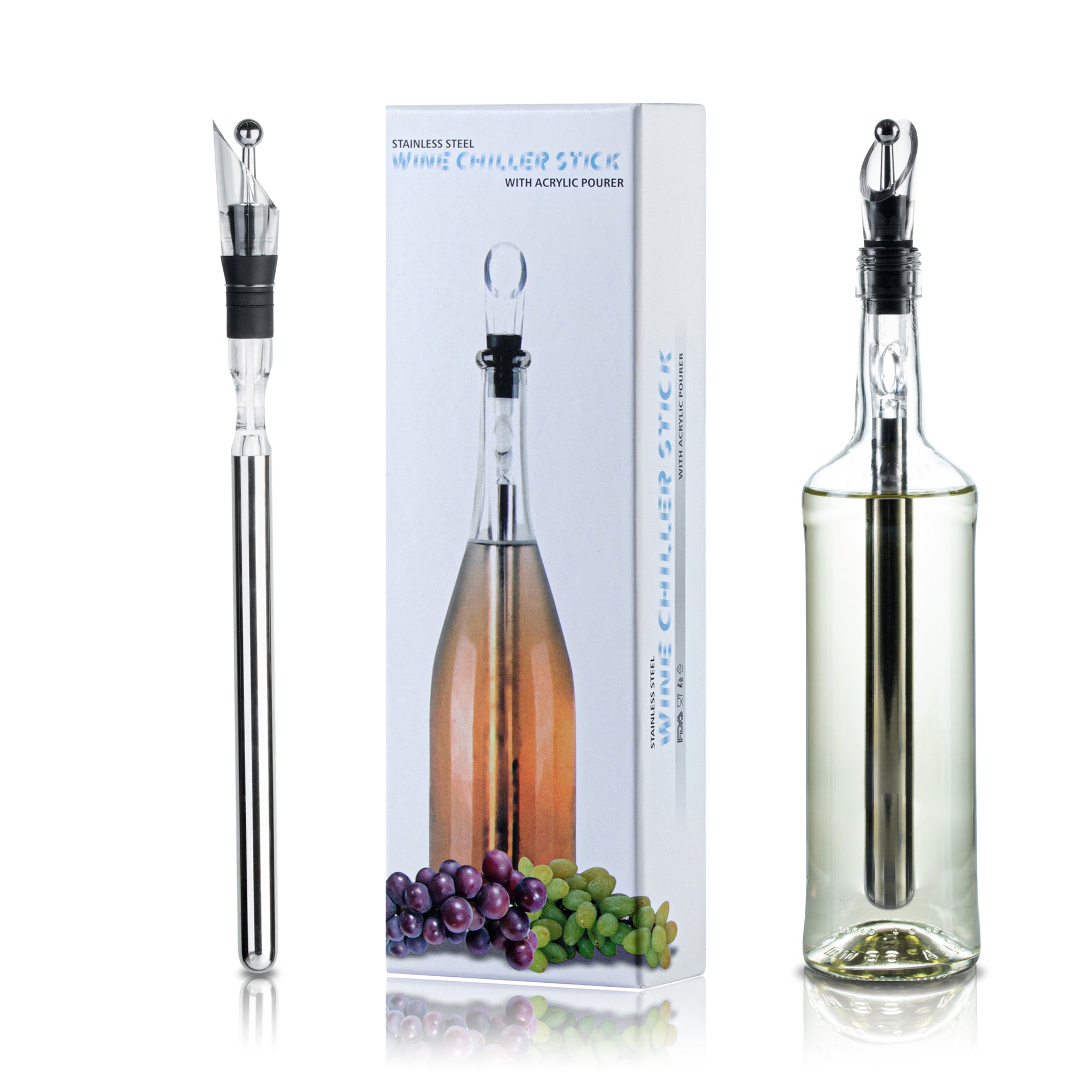 Bar Lux Stainless Steel Wine Chiller Stick / Pourer - with Aerator and Stopper - 12 3/4" - 1 count box