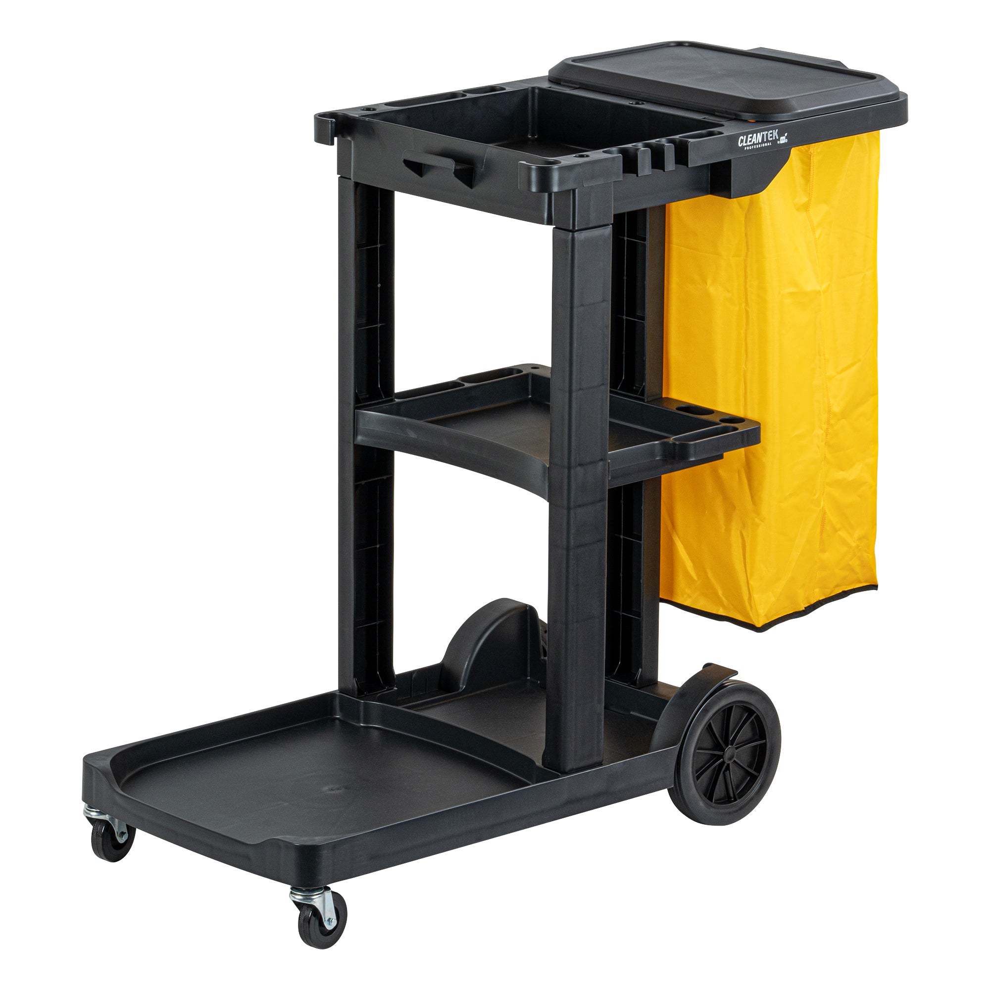 Clean Tek Professional Black 3-Shelf Janitor Cart - 18 gal Bag, Lid - 44" x 18 1/2" x 39" - 1 count box