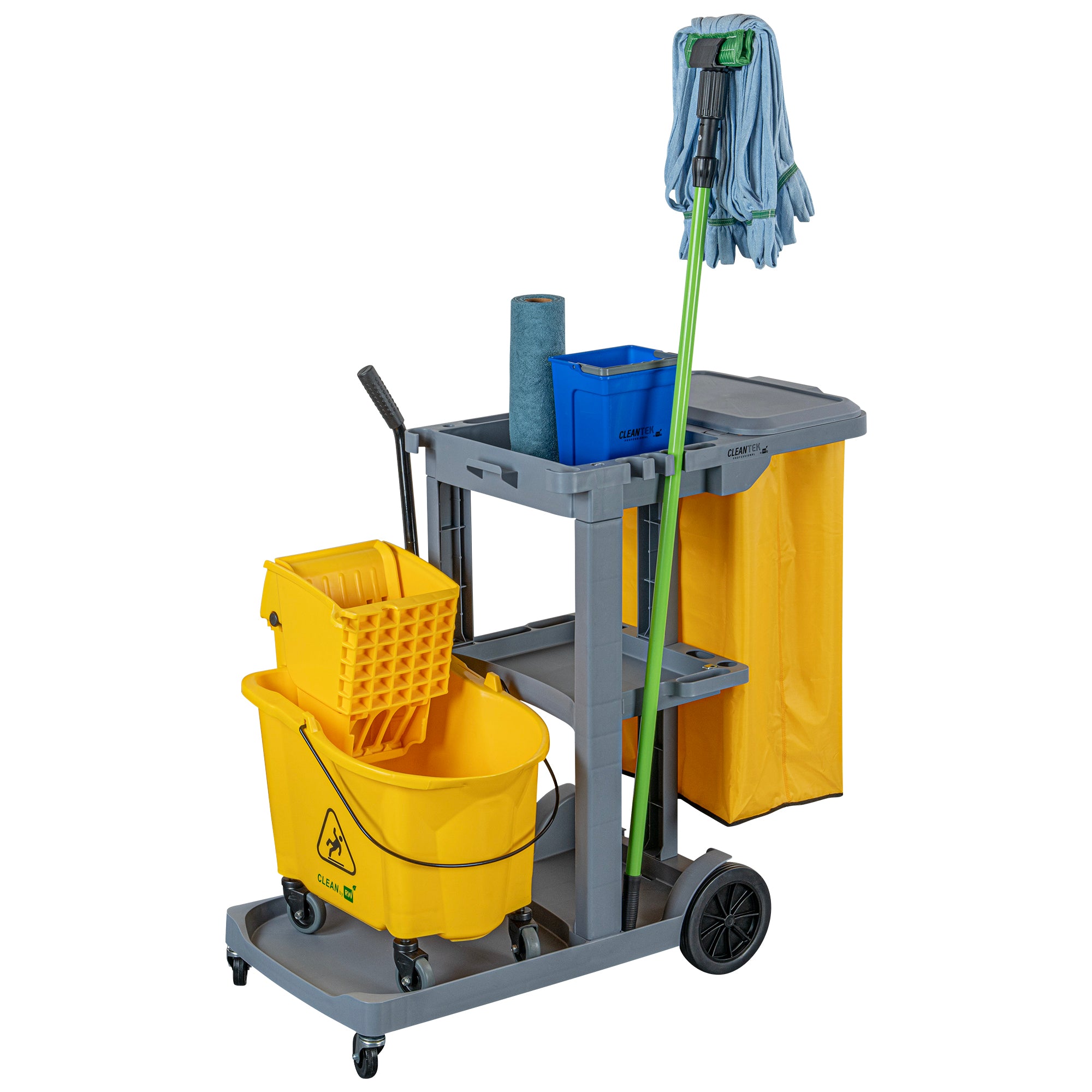 Clean Tek Professional Gray 3-Shelf Janitor Cart - 18 gal Bag, Lid - 44" x 18 1/2" x 39" - 1 count box