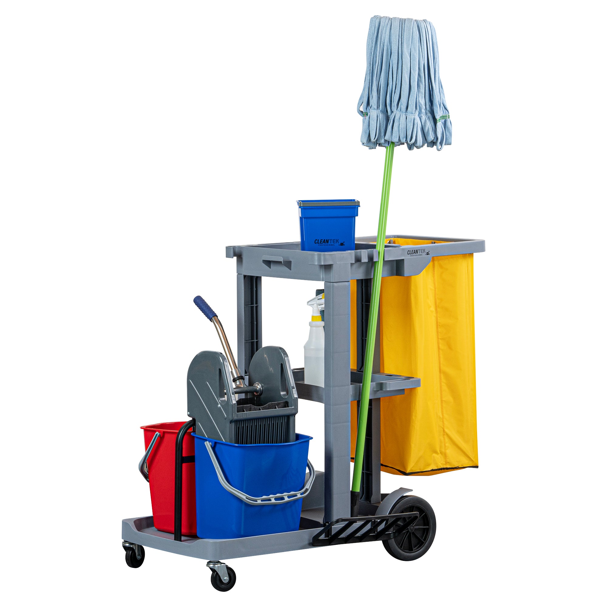 Clean Tek Professional Gray 3-Shelf Janitor Cart - 18 gal Bag, 2 Buckets, Wringer - 44" x 28" x 37 3/4" - 1 count box