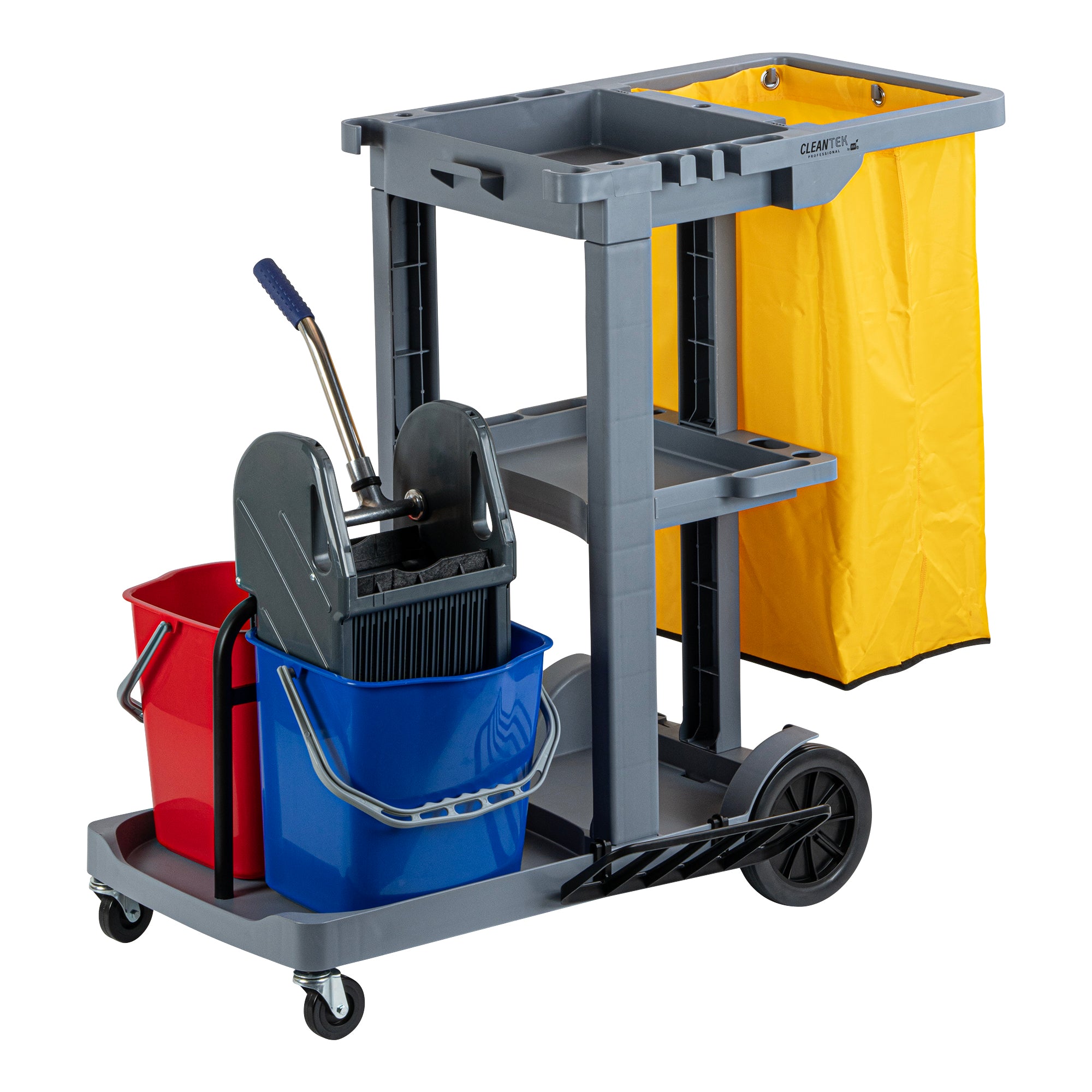 Clean Tek Professional Gray 3-Shelf Janitor Cart - 18 gal Bag, 2 Buckets, Wringer - 44" x 28" x 37 3/4" - 1 count box