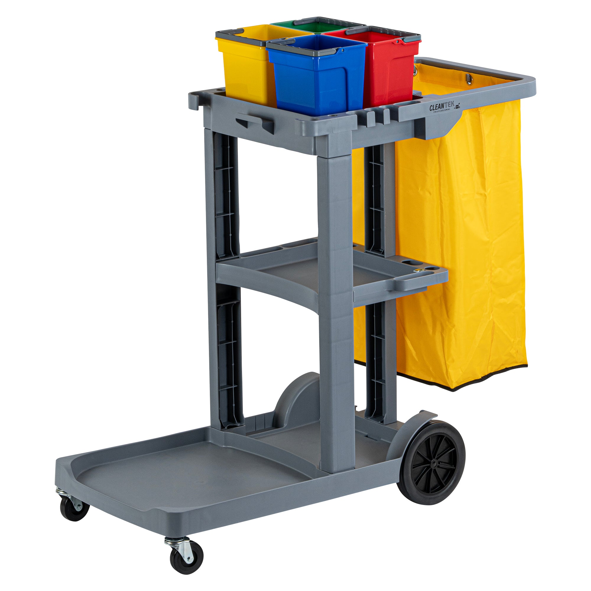 Clean Tek Professional Gray 3-Shelf Janitor Cart - 18 gal Bag, 4 Buckets - 44" x 18 1/2" x 43 1/4" - 1 count box