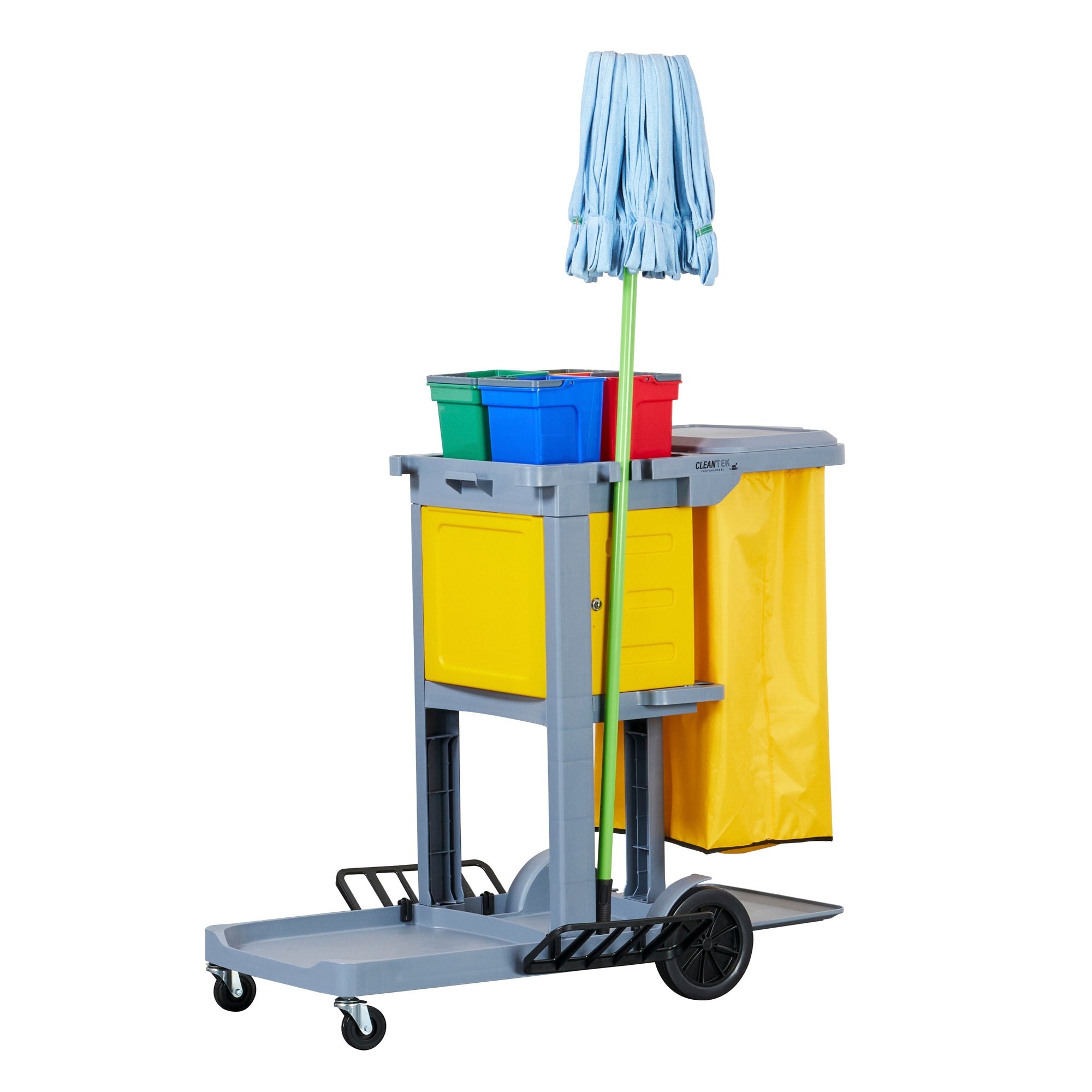 Clean Tek Professional Gray 3-Shelf Janitor Cart - 18 gal Bag, Lid, 4 Buckets and 1 Locking Cabinet - 44" x 28" x 43 1/4" - 1 count box