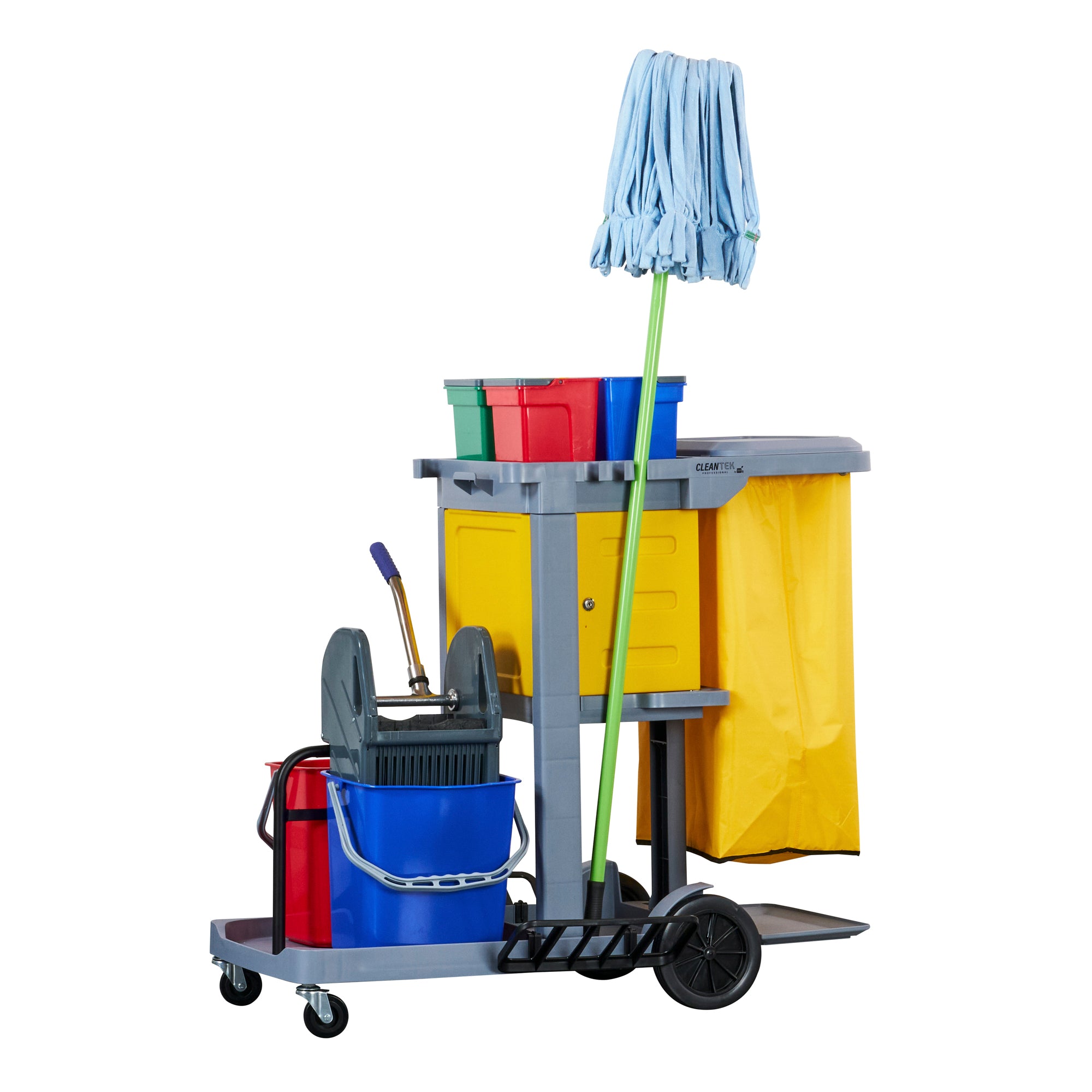 Clean Tek Professional Gray 3-Shelf Janitor Cart - 18 gal Bag, Lid, 6 Buckets, 1 Wringer and 1 Locking Cabinet - 44" x 28" x 43 1/4" - 1 count box