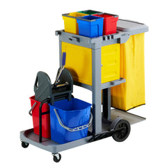 Clean Tek Professional Gray 3-Shelf Janitor Cart - 18 gal Bag, Lid, 6 Buckets, 1 Wringer and 1 Locking Cabinet - 44