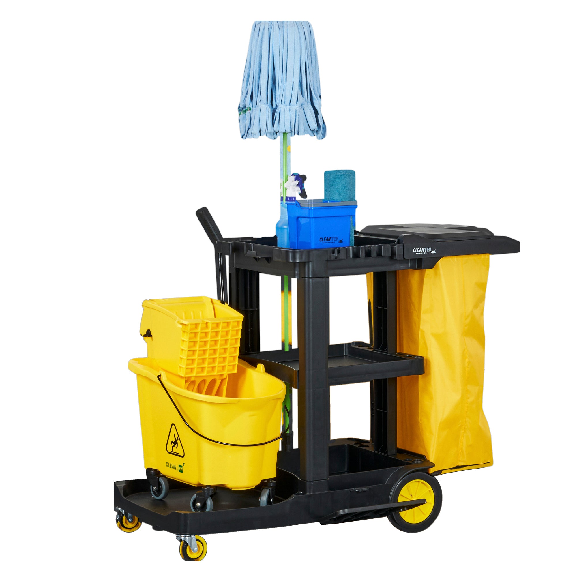 Clean Tek Professional Black Heavy Duty 3-Shelf Janitor Cart - 21 gal Bag, Lid - 52 1/4" x 33 1/2" x 39" - 1 count box