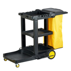 Clean Tek Professional Black Heavy Duty 3-Shelf Janitor Cart - 21 gal Bag, Lid - 52 1/4