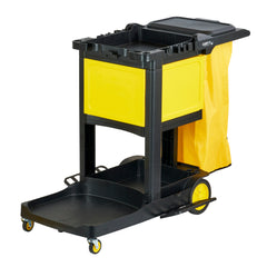 Clean Tek Professional Black Heavy Duty 3-Shelf Janitor Cart - 21 gal Bag, Lid, Single Locking Cabinet - 53 1/2