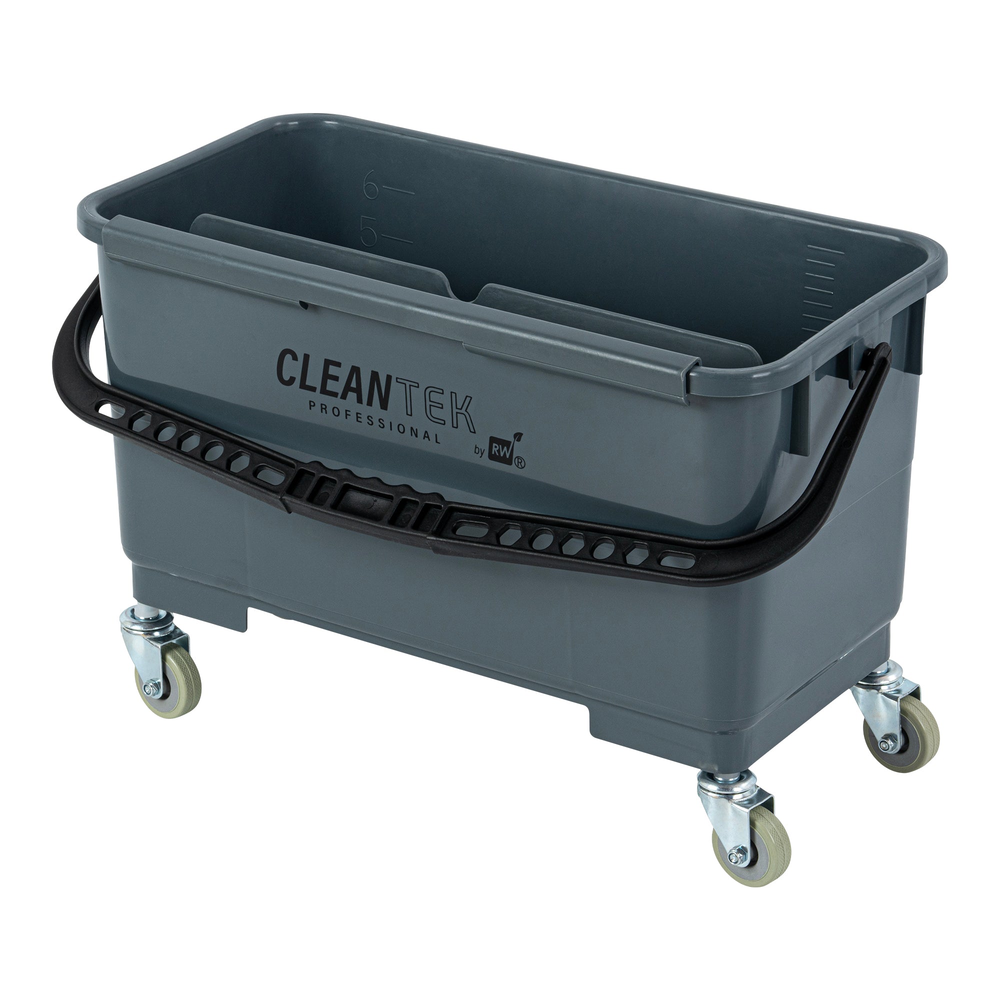 Clean Tek Professional 25 Qt Gray Bucket - with Wheels, U-Shaped Sieve - 22" x 11 1/2" x 13 1/2" - 1 count box