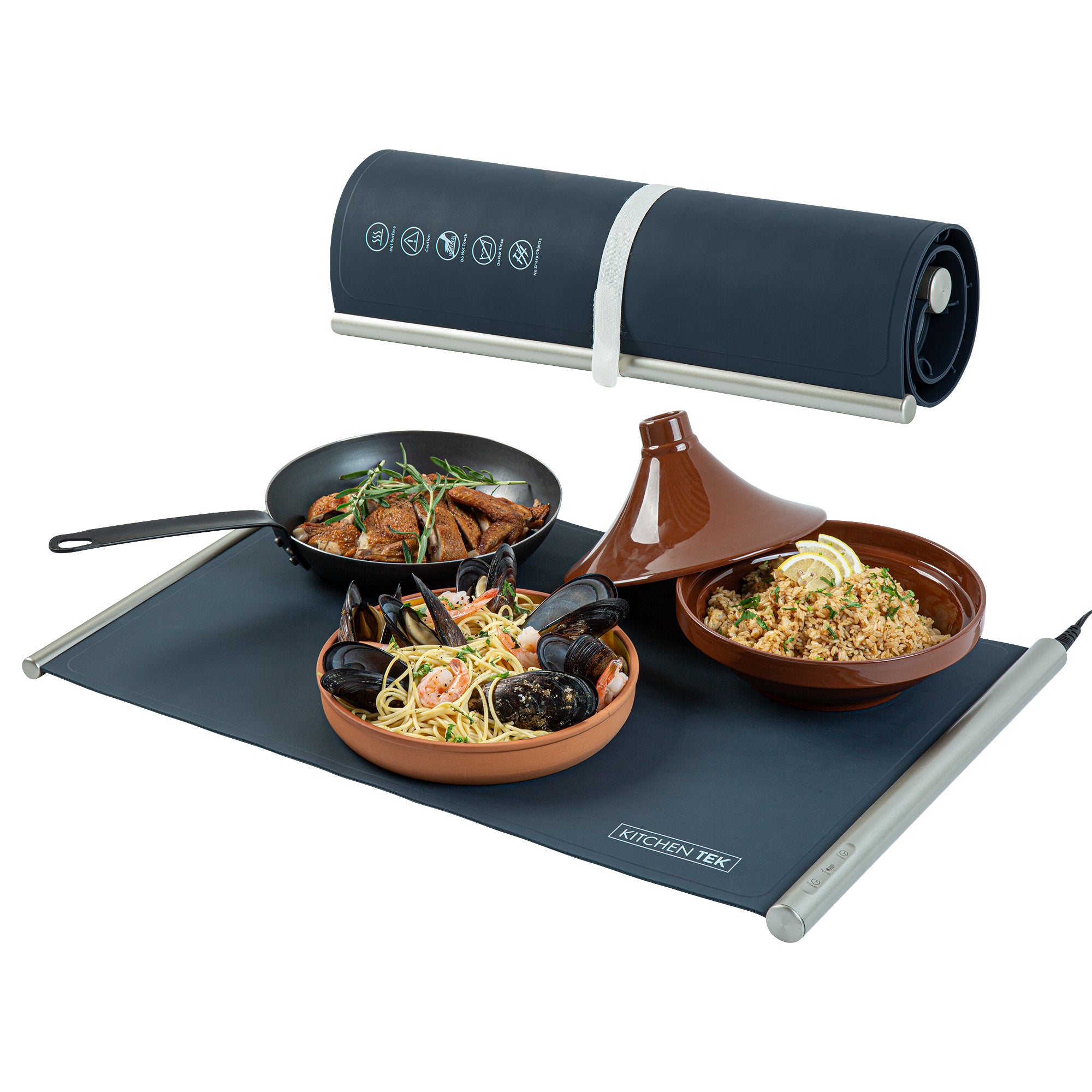 Kitchen Tek Dark Blue Silicone Food Warmer Mat - 120V, Adjustable Temperature, Roll Up - 26 1/4" x 16 3/4" x 1" - 1 count box