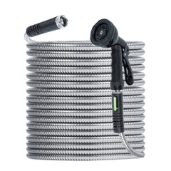 Handy Tek Stainless Steel Garden Hose - Heavy-Duty, Flexible, with 10 Function Nozzle - 50' - 1 count box