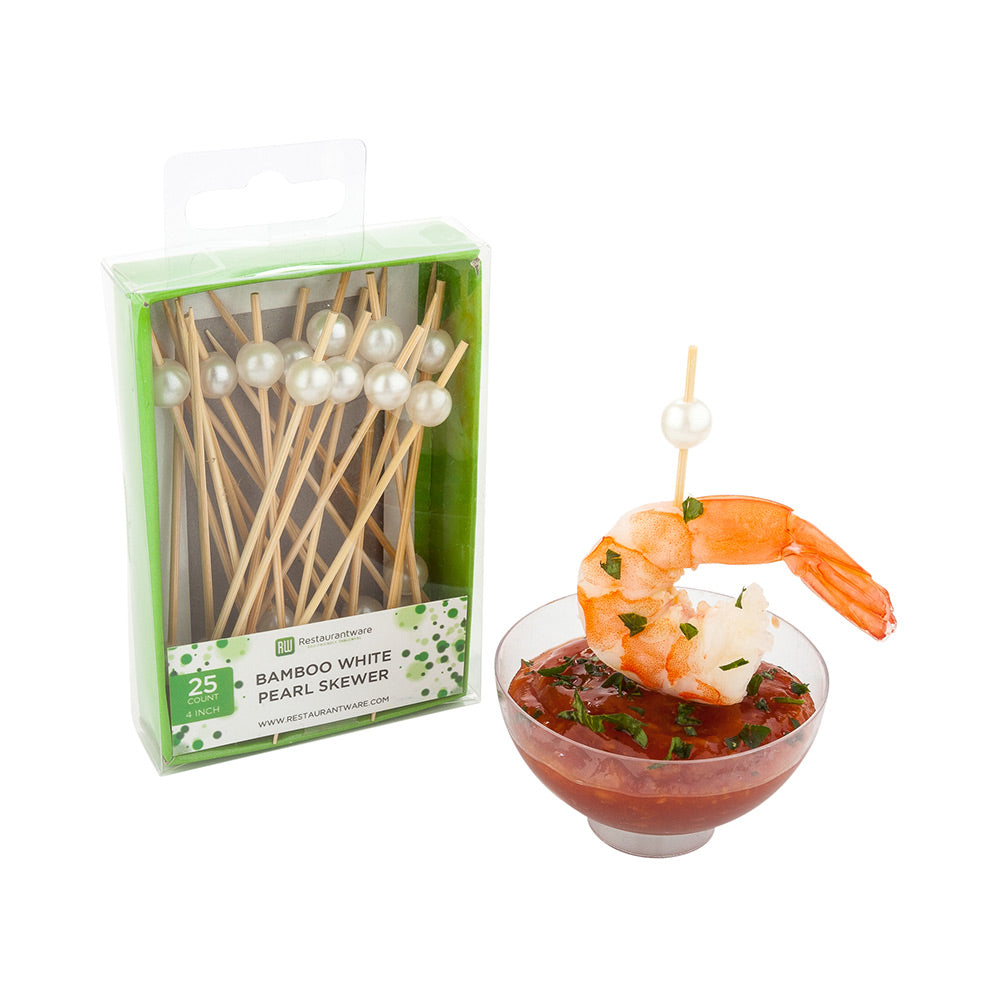 White Bamboo Pearl Skewer - Retail Pack - 4" - 25 count x 10 boxes